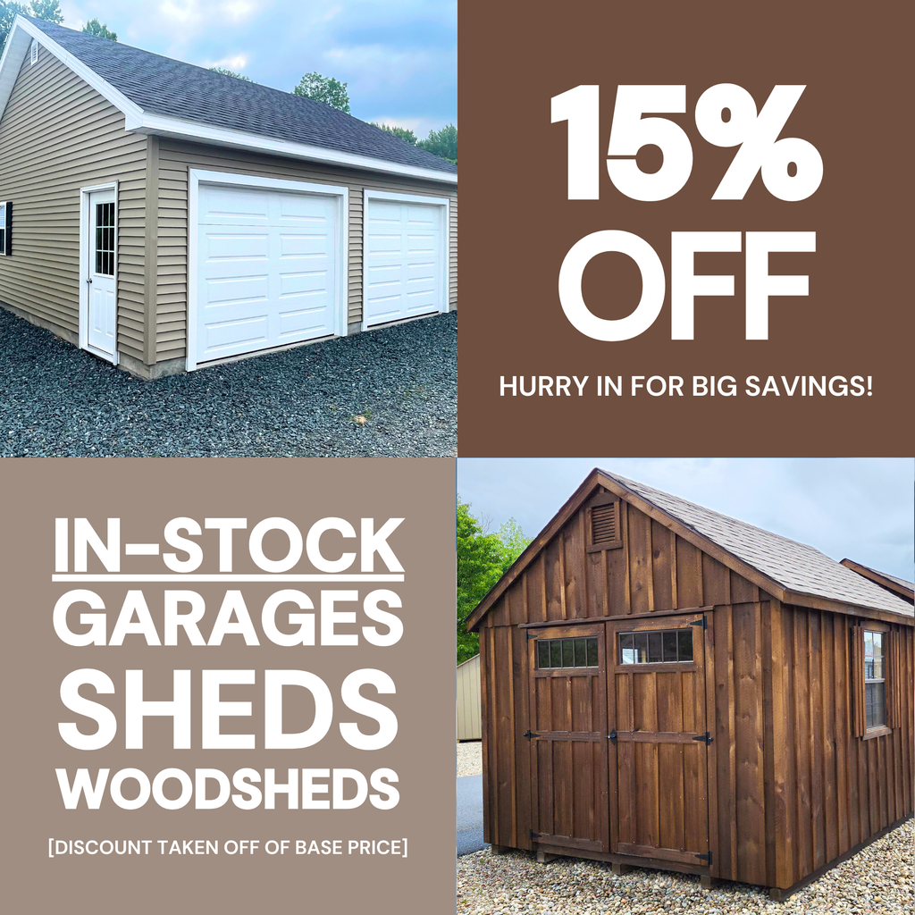 15 percent off sheds garages and woodsheds